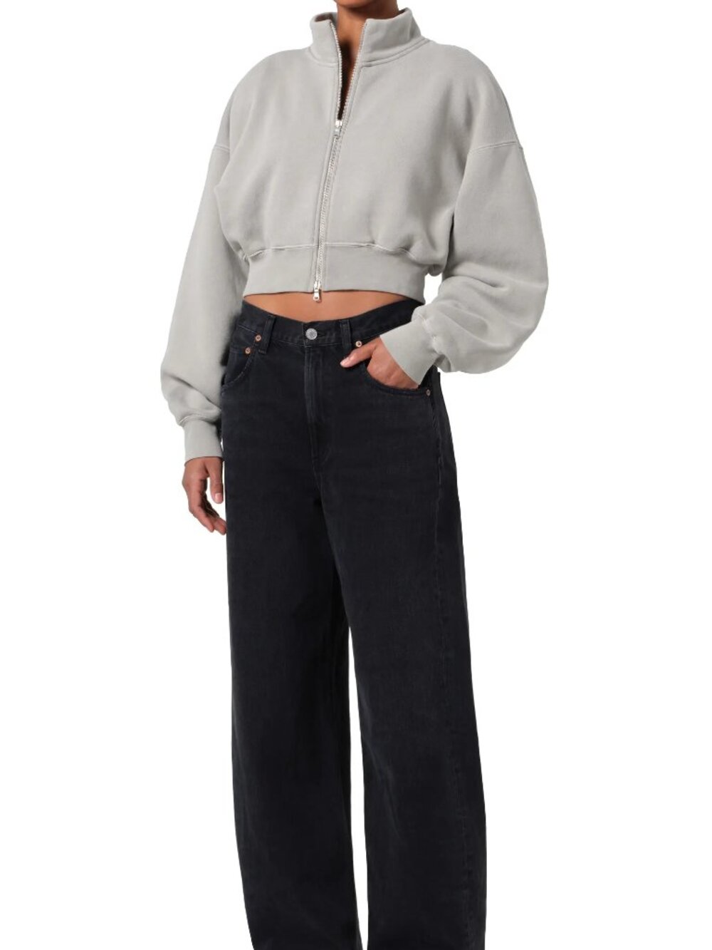 NWT AGOLDE Asta Oversize Cropped Bomber jacket Sweatshirt in Light Gray - Picture 7 of 7